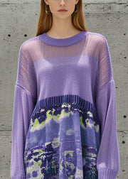 Stylish Purple Oversized Patchwork Print Sweater Mini Dress Fall