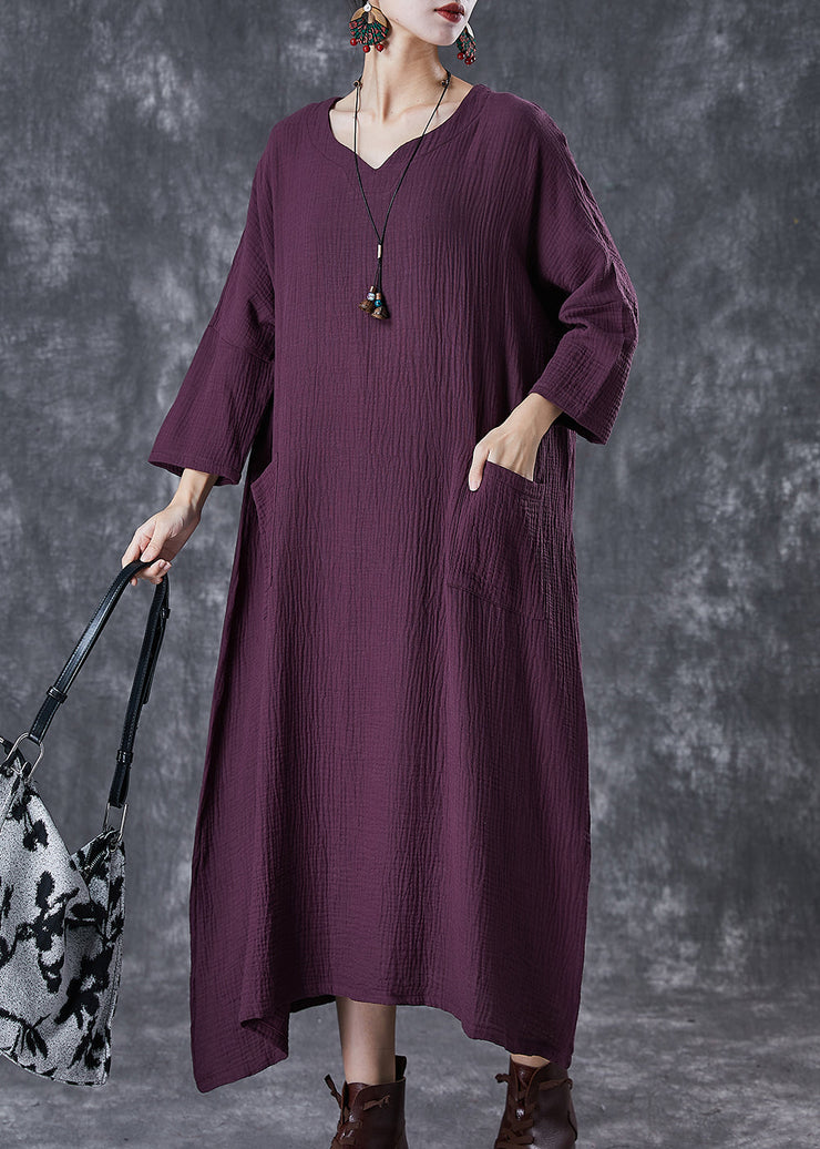 Stylish Purple Oversized Wrinkled Cotton Long Dresses Fall