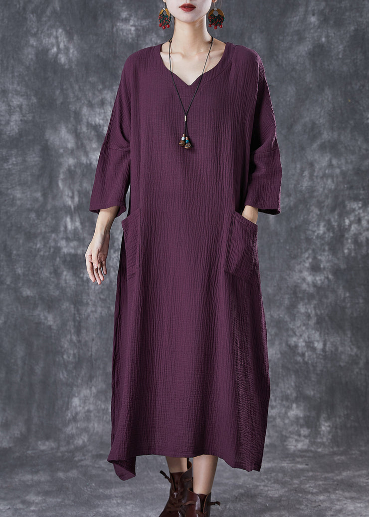 Stylish Purple Oversized Wrinkled Cotton Long Dresses Fall