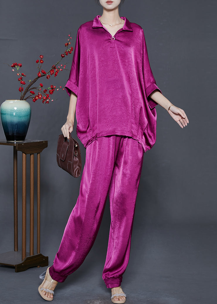 Stylish Purple Oversized Wrinkled Silk Women Sets 2 Pieces Summer