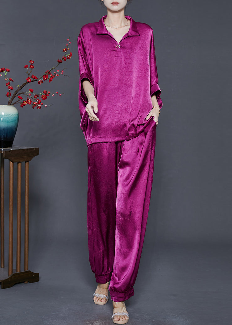 Stylish Purple Oversized Wrinkled Silk Women Sets 2 Pieces Summer