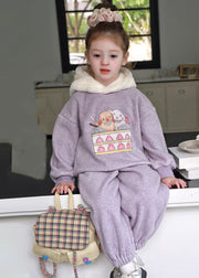 Stylish Purple Patchwork Thick Girls Hooded Sweatshirt And Pants Two Pieces Set Spring