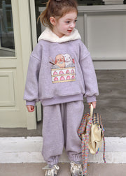 Stylish Purple Patchwork Thick Girls Hooded Sweatshirt And Pants Two Pieces Set Spring