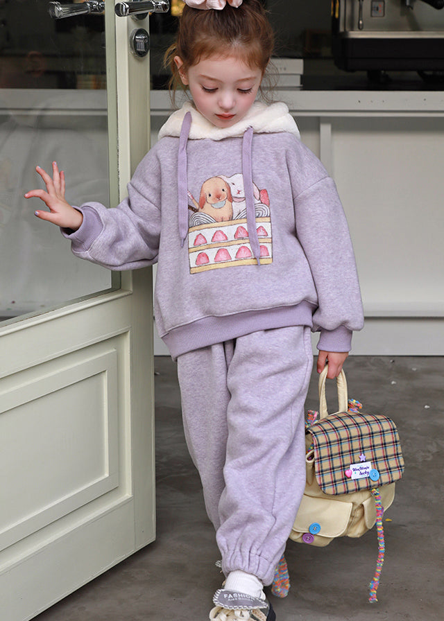 Stylish Purple Patchwork Thick Girls Hooded Sweatshirt And Pants Two Pieces Set Spring