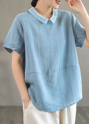 Stylish Purple Peter Pan Collar Patchwork Button Linen Shirts Short Sleeve