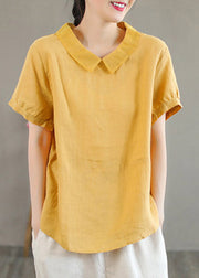 Stylish Purple Peter Pan Collar Patchwork Button Linen Shirts Short Sleeve