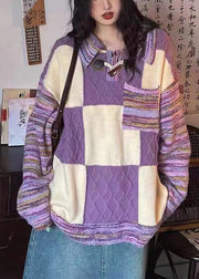 Stylish Purple Peter Pan Collar Plaid Knit Sweaters Spring