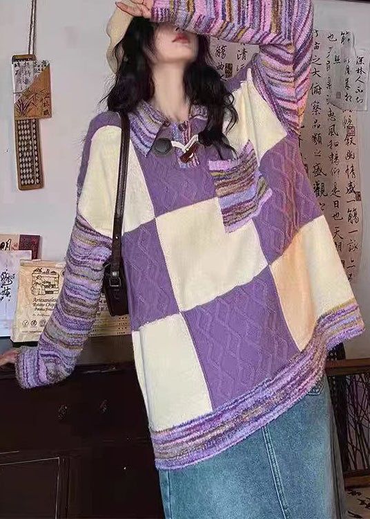 Stylish Purple Peter Pan Collar Plaid Knit Sweaters Spring