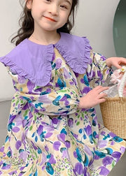 Stylish Purple Peter Pan Collar Print Girls Long Dresses Long Sleeve