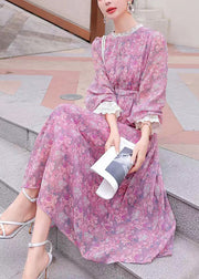 Stylish Purple Print Lace Patchwork Chiffon Holiday Dress Summer