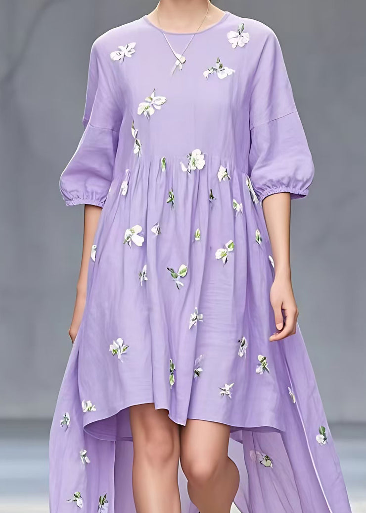 Stylish Purple Print Low High Design Cotton Dresses Half Sleeve