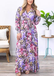 Stylish Purple Print Tie Waist Chiffon Maxi Dress Long Sleeve