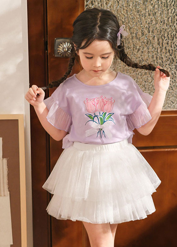 Stylish Purple Print Tulle Patchwork Girls Top And Pleated Skirts Two Pieces Set Summer