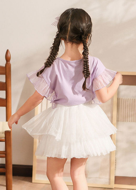 Stylish Purple Print Tulle Patchwork Girls Top And Pleated Skirts Two Pieces Set Summer
