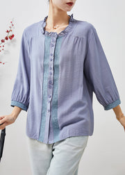 Stylish Purple Ruffled Embroideried Patchwork Linen Top Spring