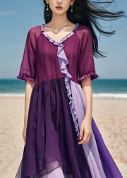 Stylish Purple Ruffled Patchwork Loose Cotton Dress Summer