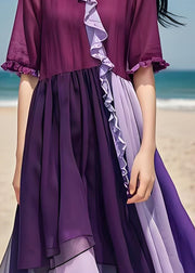 Stylish Purple Ruffled Patchwork Loose Cotton Dress Summer