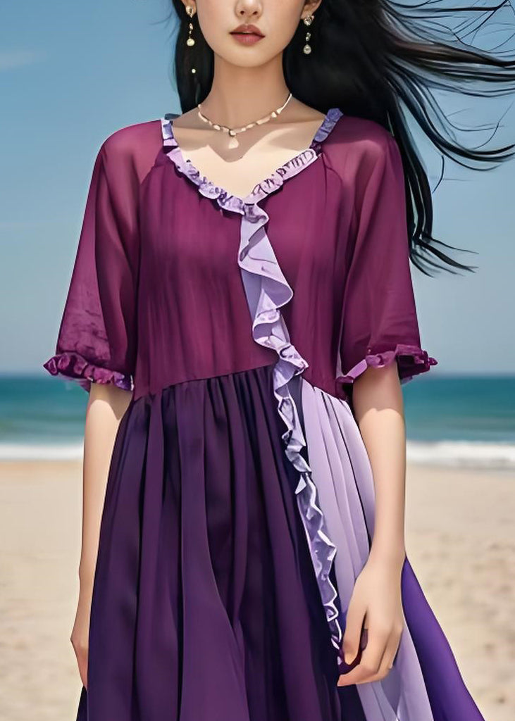 Stylish Purple Ruffled Patchwork Loose Cotton Dress Summer