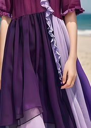 Stylish Purple Ruffled Patchwork Loose Cotton Dress Summer