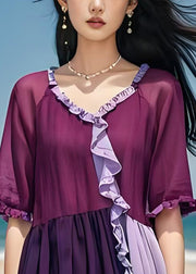 Stylish Purple Ruffled Patchwork Loose Cotton Dress Summer