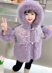 Stylish Purple Sequins Patchwork Girls Hooded Parka Spring