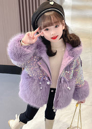 Stylish Purple Sequins Patchwork Girls Hooded Parka Winter