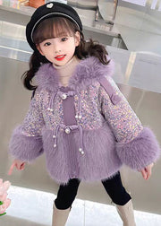 Stylish Purple Sequins Patchwork Girls Hooded Parka Winter