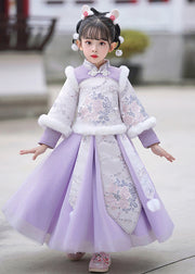 Stylish Purple Stand Collar Embroideried Nail Bead Girls Maxi Dresses Winter