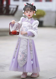 Stylish Purple Stand Collar Embroideried Nail Bead Girls Maxi Dresses Winter