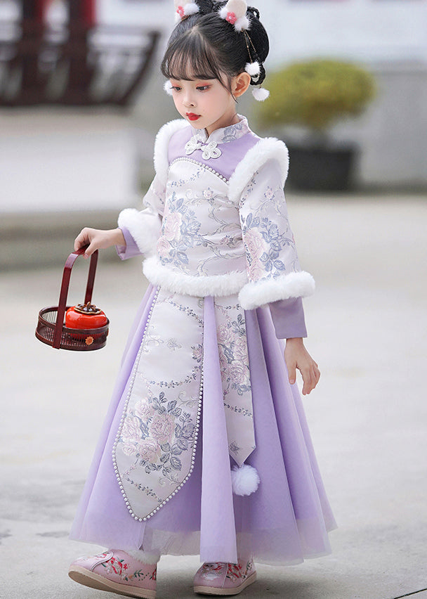 Stylish Purple Stand Collar Embroideried Nail Bead Girls Maxi Dresses Winter