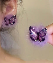 Stylish Purple Sterling Silver Overgild Butterfly Fluffy Stud Earrings