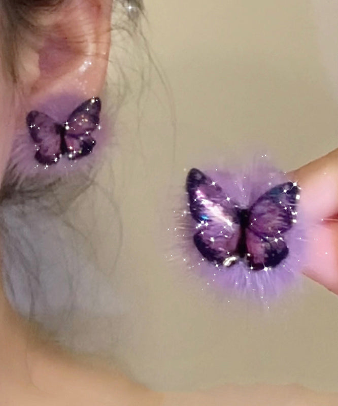 Stylish Purple Sterling Silver Overgild Butterfly Fluffy Stud Earrings