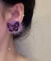 Stylish Purple Sterling Silver Overgild Butterfly Fluffy Stud Earrings