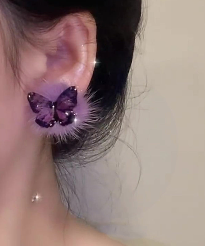 Stylish Purple Sterling Silver Overgild Butterfly Fluffy Stud Earrings