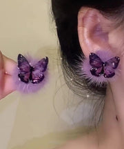 Stylish Purple Sterling Silver Overgild Butterfly Fluffy Stud Earrings