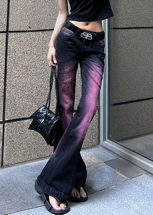 Stylish Purple Tie Dye High Waist Denim Flare Bottoms Spring