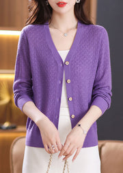 Stylish Purple V Neck Button Knit Cardigan Fall