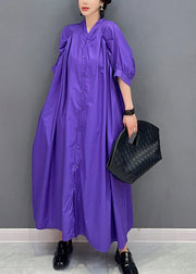 Stylish Purple V Neck Puff Sleeve Cotton Maxi Dresses