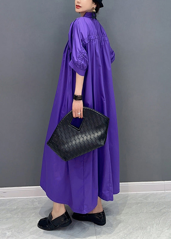 Stylish Purple V Neck Puff Sleeve Cotton Maxi Dresses