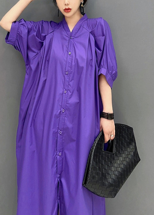 Stylish Purple V Neck Puff Sleeve Cotton Maxi Dresses