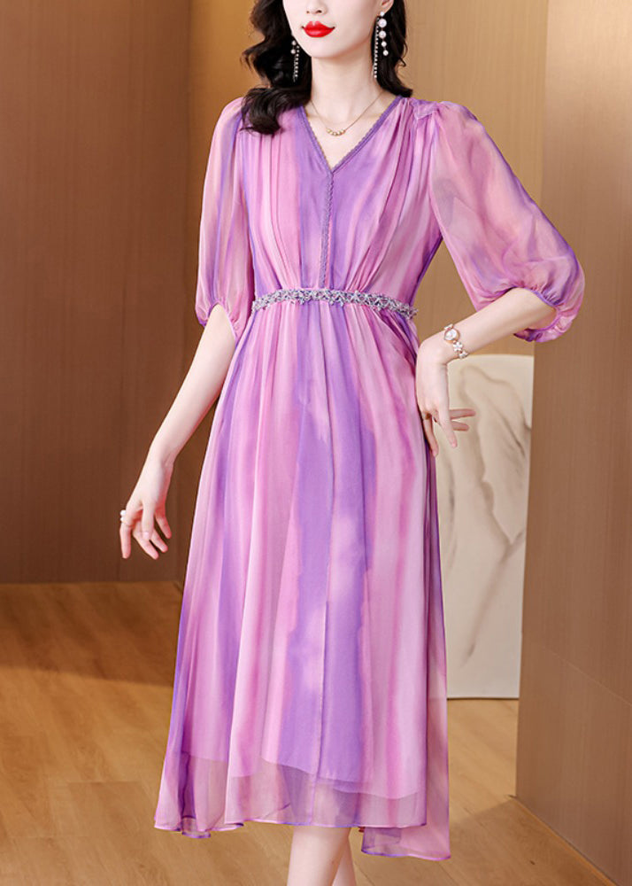 Stylish Purple V Neck Striped Wrinkled Silk Long Dresses Summer