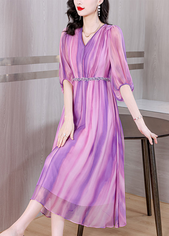 Stylish Purple V Neck Striped Wrinkled Silk Long Dresses Summer