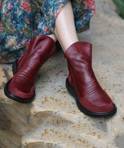 Stylish Purplish Red Wrinkled Platform Ankle Boots