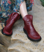Stylish Purplish Red Wrinkled Platform Ankle Boots