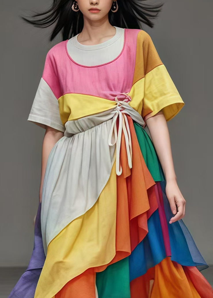 Stylish Rainbow Asymmetrical Exra Large Hem Cotton Dress Summer