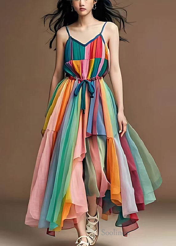 Stylish Rainbow Cinched Patchwork Tulle Spaghetti Strap Dress Summer