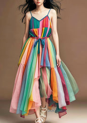 Stylish Rainbow Cinched Patchwork Tulle Spaghetti Strap Dress Summer