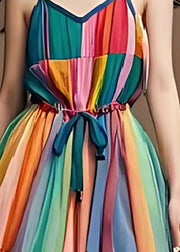 Stylish Rainbow Cinched Patchwork Tulle Spaghetti Strap Dress Summer