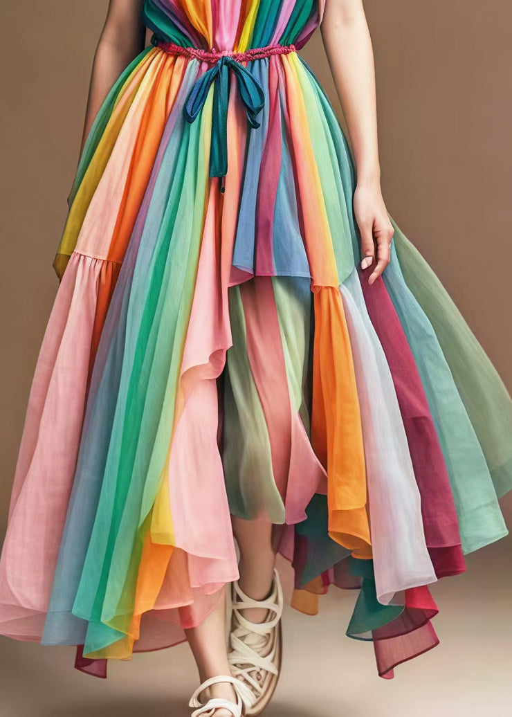 Stylish Rainbow Cinched Patchwork Tulle Spaghetti Strap Dress Summer