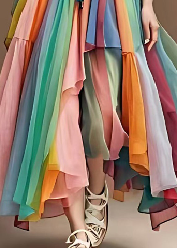 Stylish Rainbow Cinched Patchwork Tulle Spaghetti Strap Dress Summer